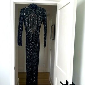 Black sheer open back sequin dress gown